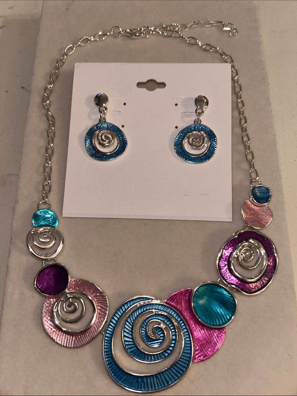 SET Statement Swirl Necklace & Earring Set - Silver with Blue, Pink & Purple